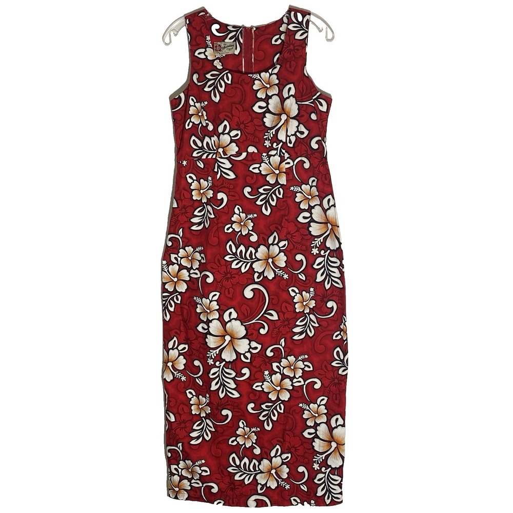 Vintage Hilo Hattie Maxi Dress 12 Red Floral Hawaiian Beach Vacation 80s 90s L